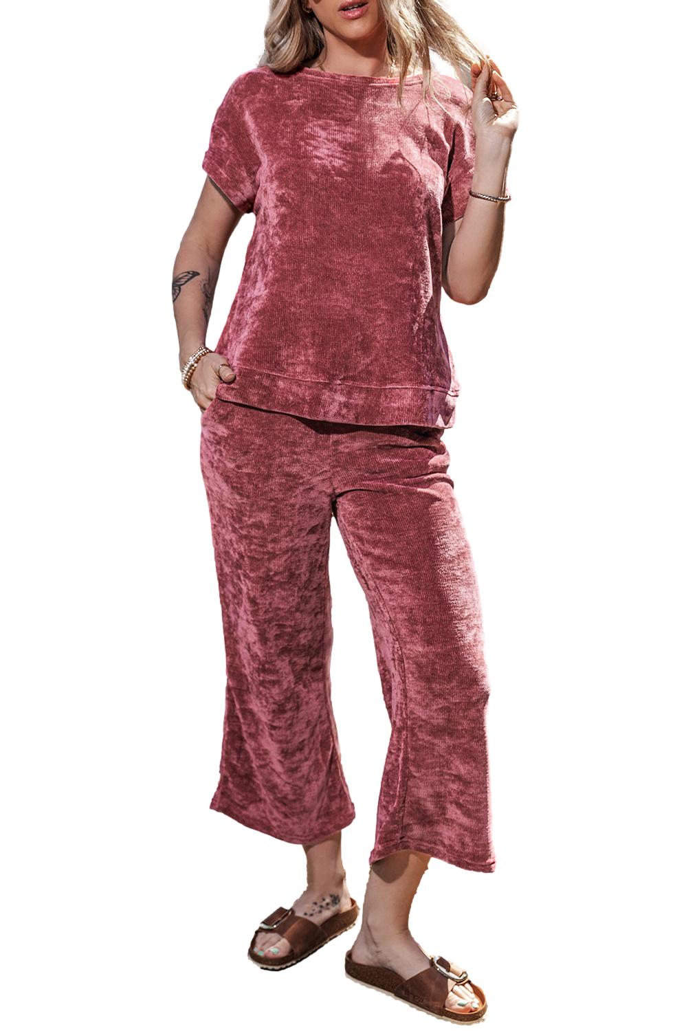 Mineral Wash Corduroy Short Sleeve And Crop Pants Set | Rose Pink