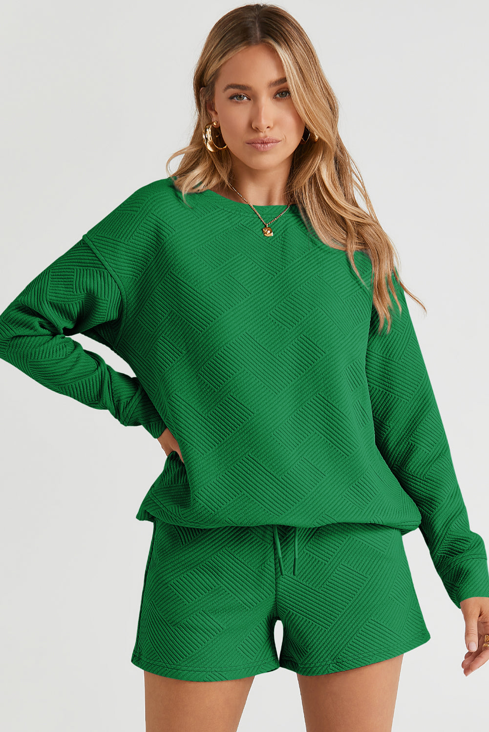 Textured Long Sleeve Top And Drawstring Shorts Set | Green