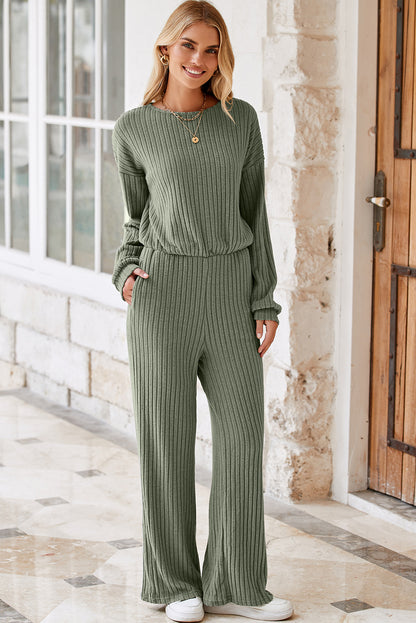 Solid Ribbed Knit Keyhole Back High Waist Jumpsuit | Laurel Green