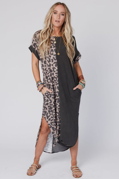 Contrast Solid Leopard Short Sleeve T-Shirt Dress With Slits | Black