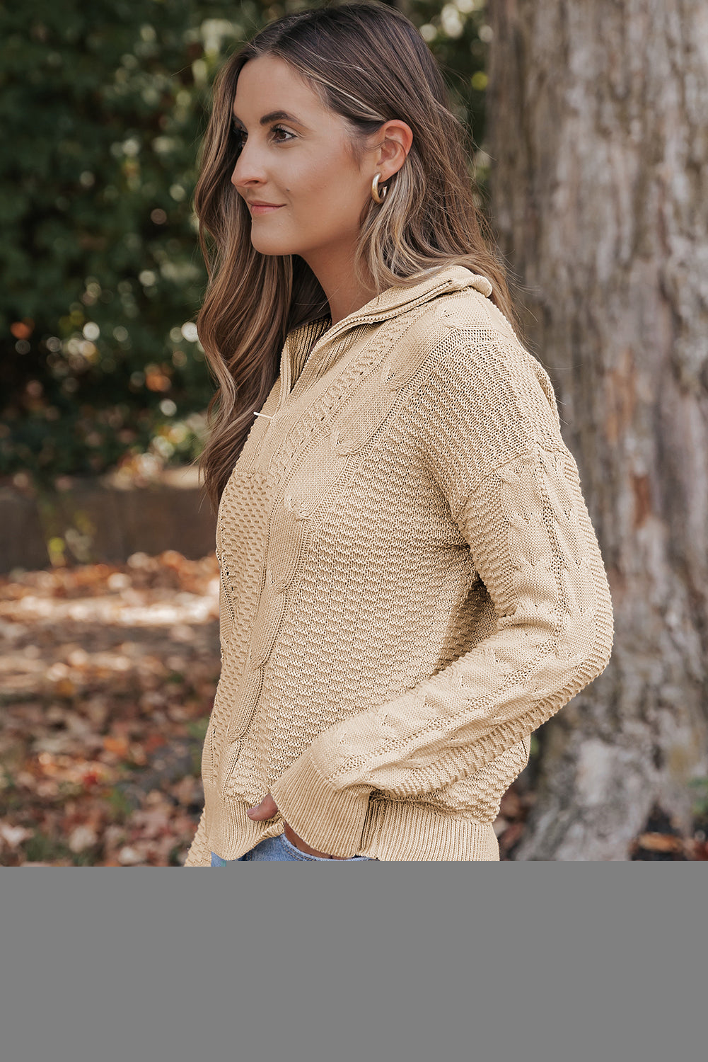 Zipped Stand Collar Cable Knit Sweater | Apricot