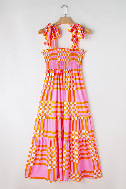 Boho Gingham Tied Straps Smocked Maxi Dress | Pink