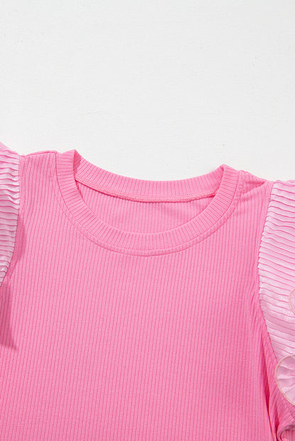 Ruffled Pleated Mesh Sleeve Ribbed Knit Slim Fit T Shirt | Strawberry Pink