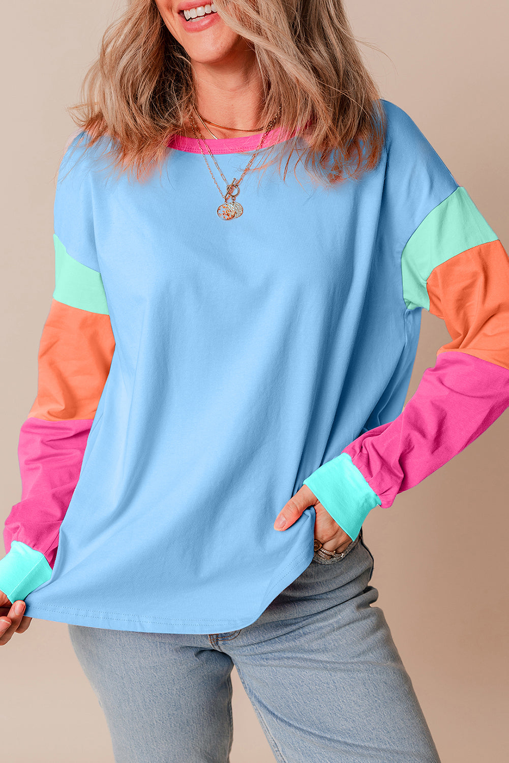 Colourblock Patchwork Long Sleeve Loose Top | Dark Blue