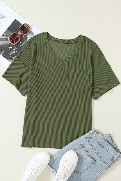 Corded V Neck Chest Pocket Loose T-Shirt | Jungle Green