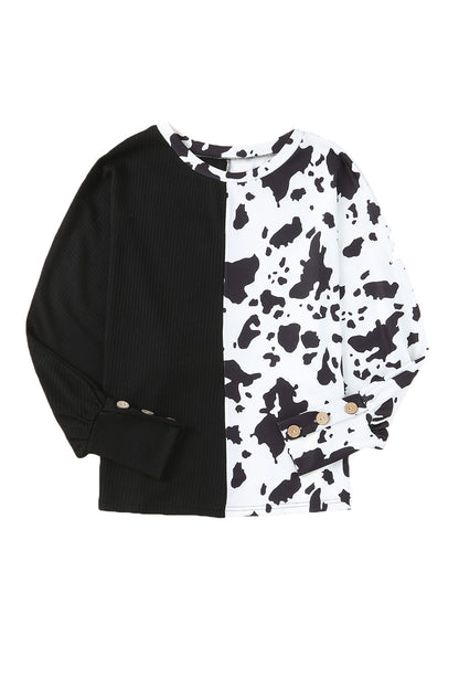 Cow Patchwork Waffle Knit Long Sleeve Top | Black