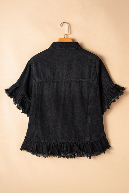 Raw Edge Ruffled Short Sleeve Denim Jacket | Black