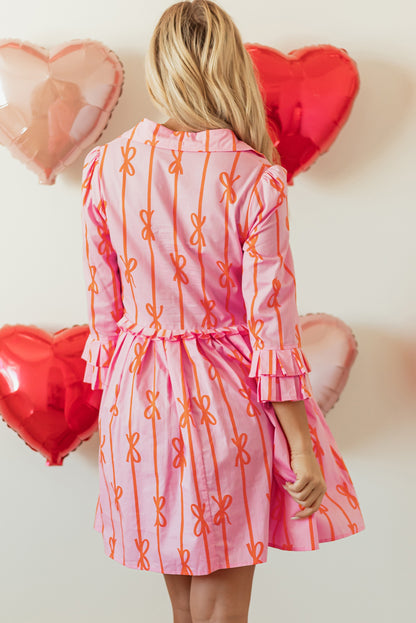 Bowknot Striped Printed Tiered Ruffled Mini Shirt Dress | Pink