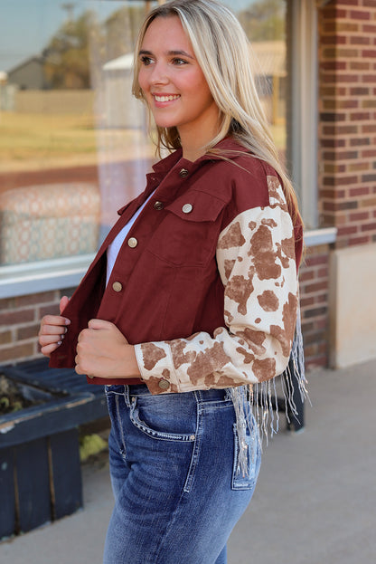 Fiery  Abstract Print Sleeve Back Fringed Cropped Denim Jacket | Red