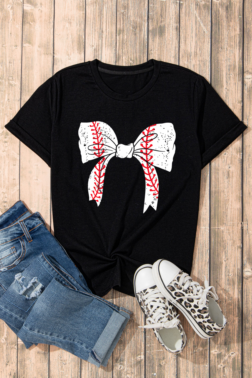 Baseball Bowknot Graphic Casual Tee | Black