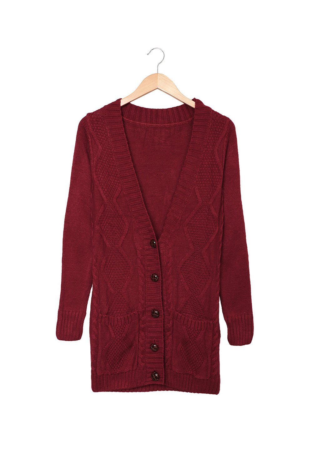 Burgundy Front Pocket And Buttons Closure Cardigan | Red