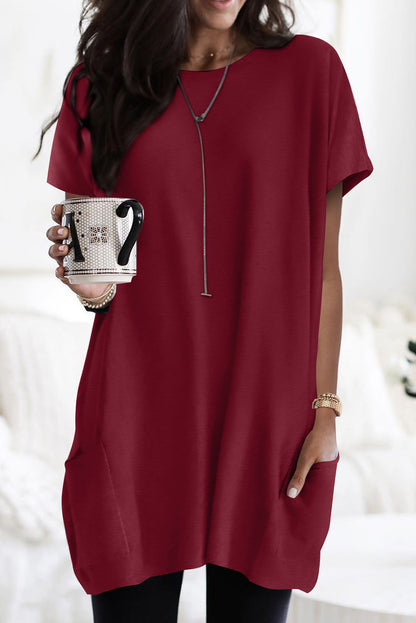 Side Pockets Short Sleeve Tunic Top | Red