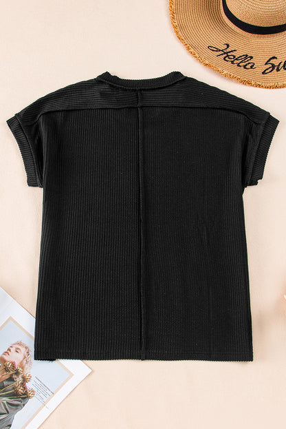 Textured Knit Exposed Stitching T-Shirt | Black