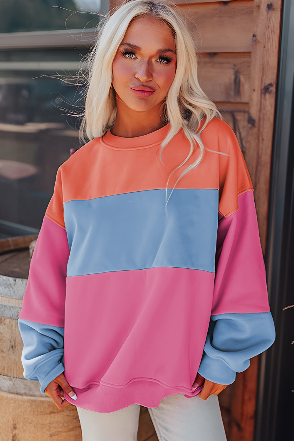 Colourblock Patchwork Drop Shoulder Sweatshirt | Bright Pink