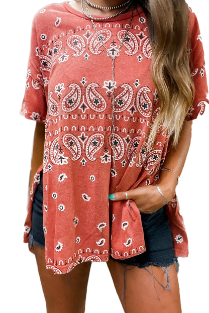 Paisley Print Side Slits Crew Neck T Shirt | Red