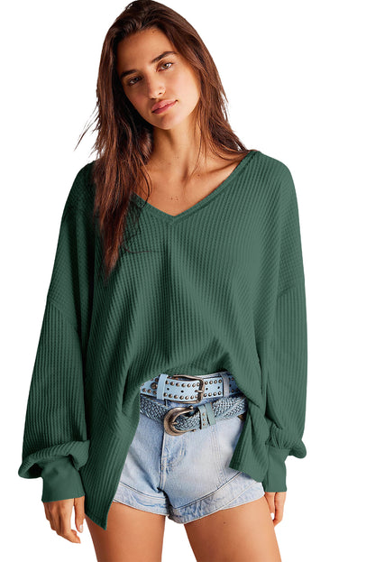 Waffle V Neck Long Sleeve Drop Shoulder Loose Blouse | Blackish Green