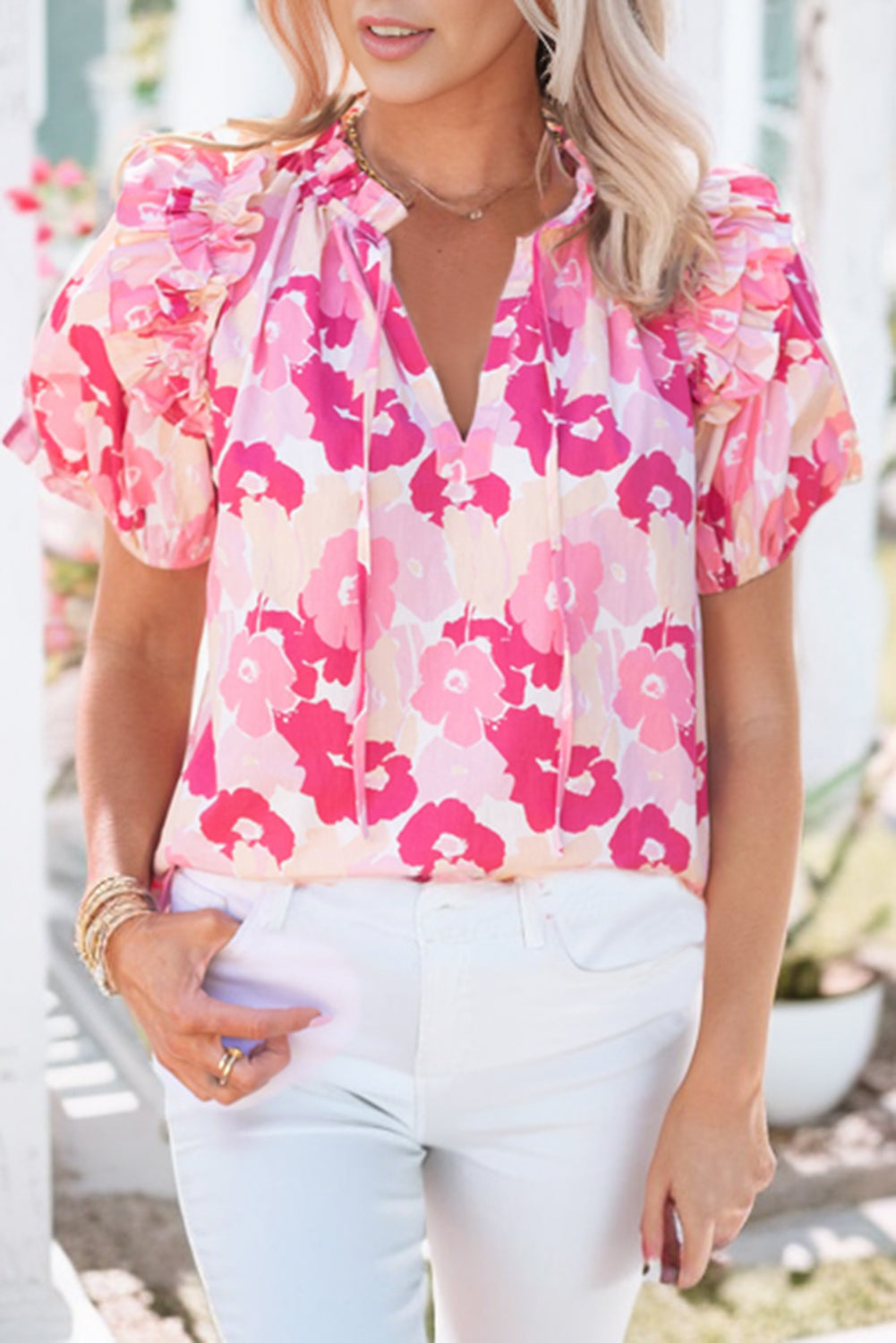 Split Neck Ruffled Puff Sleeves Floral Top | Pink