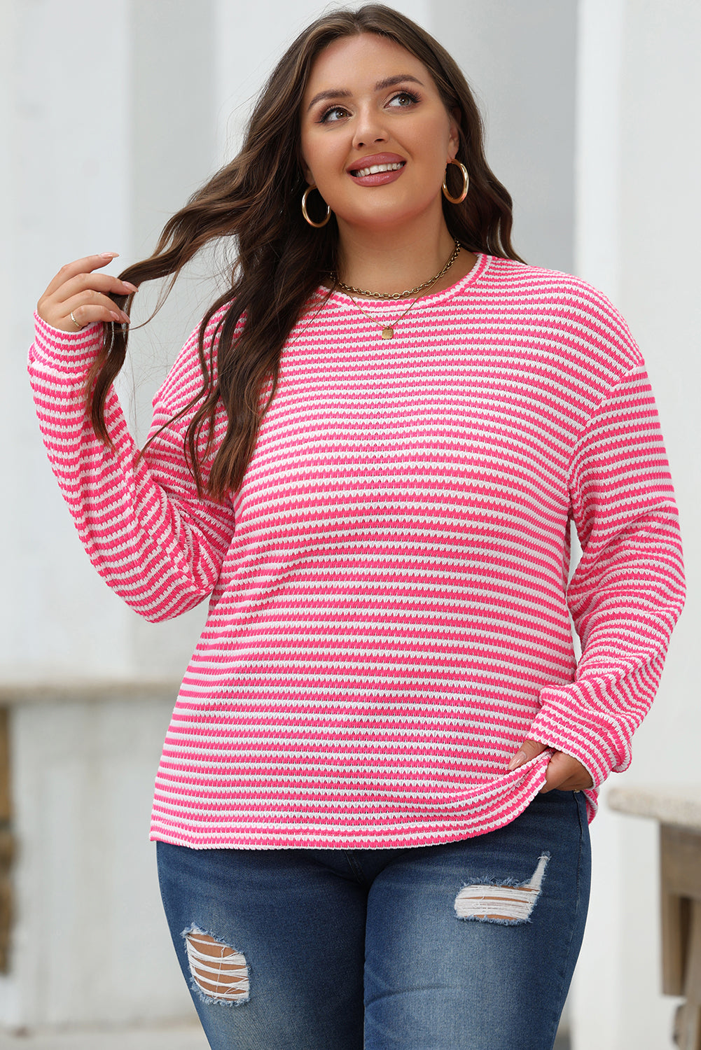 Round Neck Drop Shoulder Long Sleeve Top | Rose Stripe