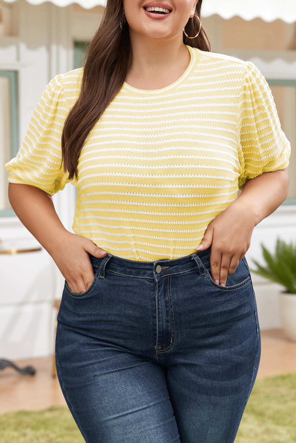 Short Puff Sleeve Plus Size Jumper | Yellow Stripe