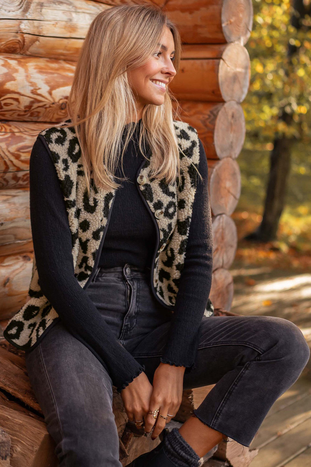 Leopard Print Sherpa Vest Coat | Black