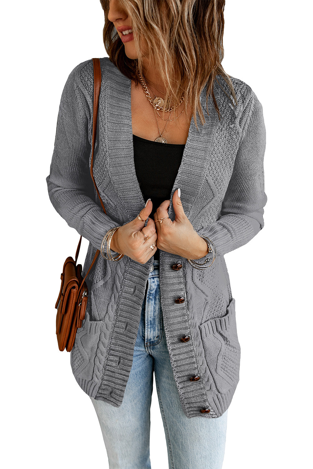 Front Pocket And Buttons Closure Cardigan | Dark Gray