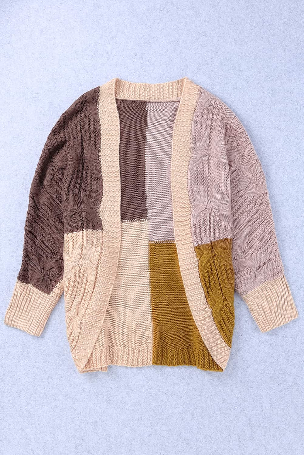 Colour Block Loose Open Front Knitted Cardigan | Brown