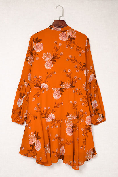 Vintage Floral Print Drawstring Flowy Dress | Orange