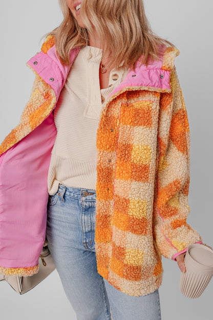 Checkered Sherpa Hooded Jacket | Orange