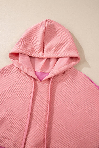 Textured Colour Block Kangaroo Pocket Drop Shoulder Hoodie | Pink