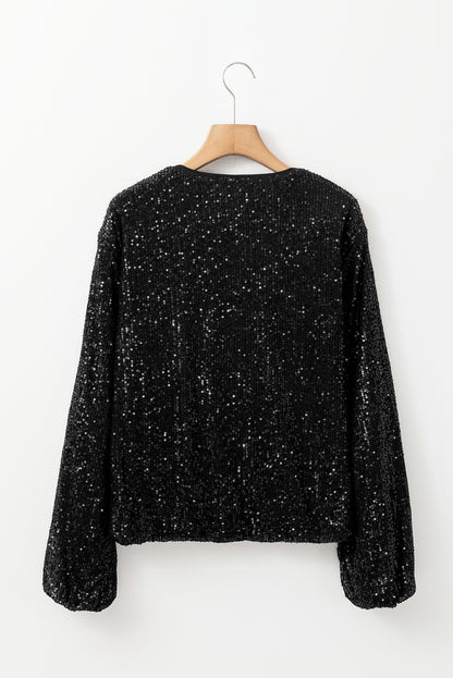 Sequin Zip Up Round Neck Long Sleeve Jacket | Black