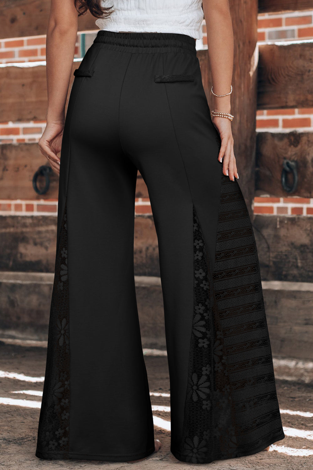 Boho Lace Patchwork Wide Leg High Waist Pants | Black