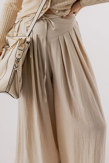 Drawstring Waist Pleated Wide Leg Casual Pants | Beige