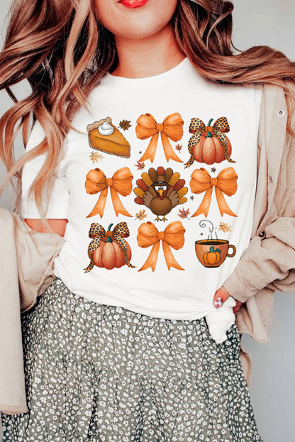 Turkey Coquette Bow Pumpkin Thanksgiving T-Shirt | White