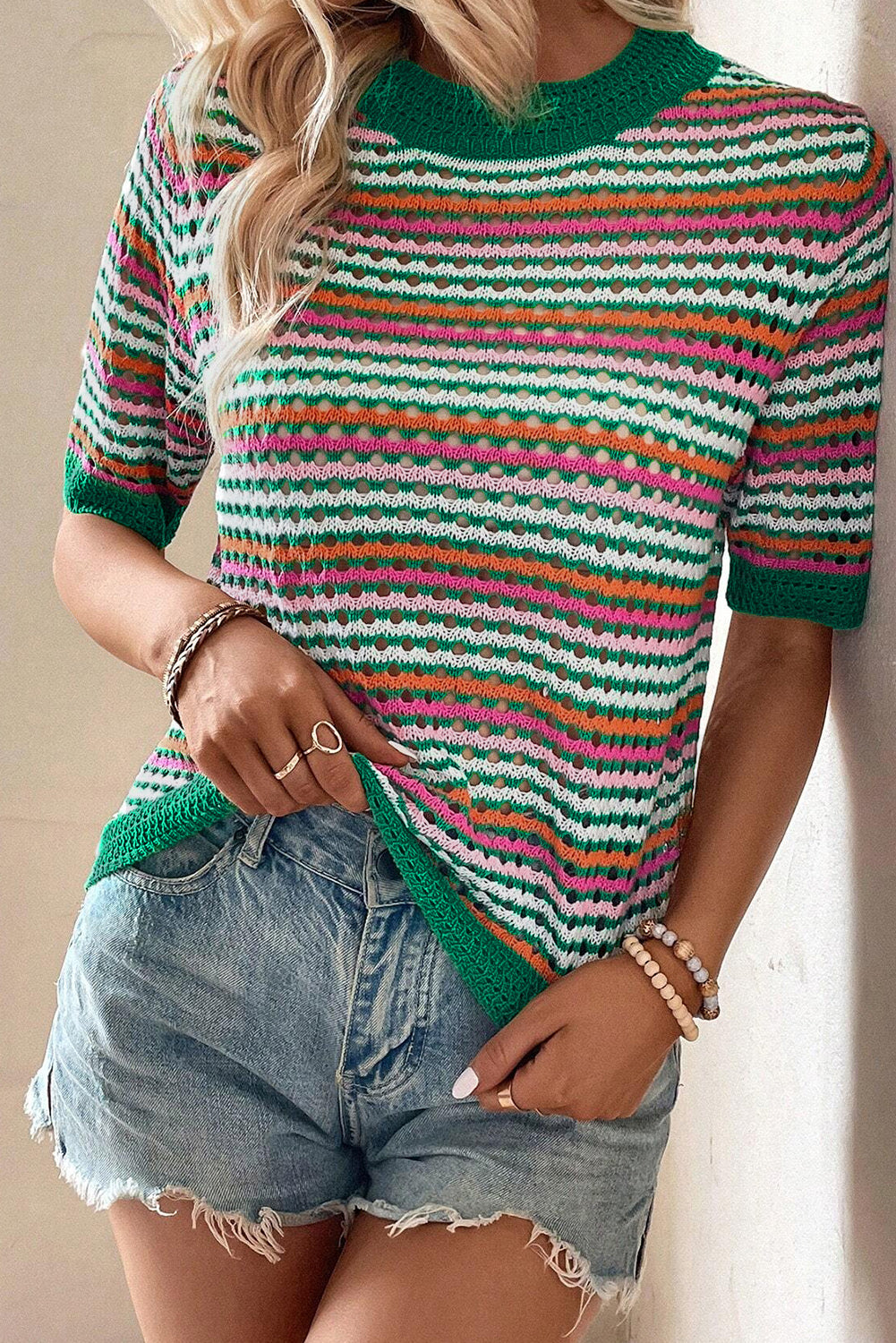 Striped Pattern Contrast Trim Pointelle Knit T Shirt | Dark Green