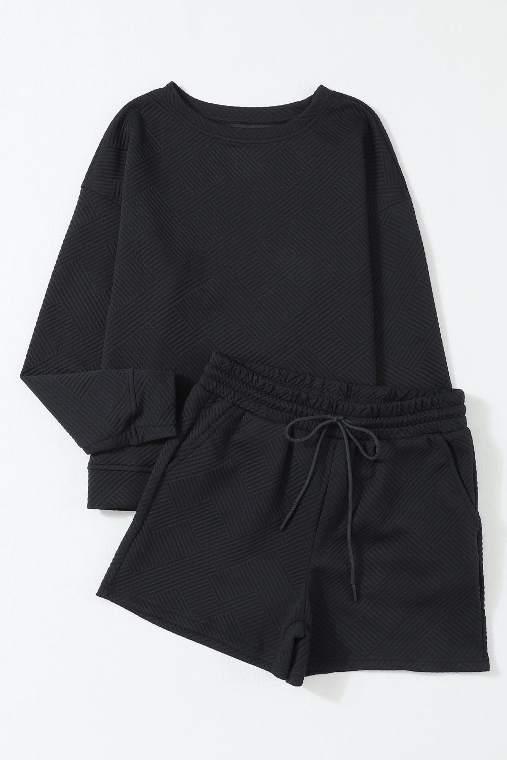 Textured Long Sleeve Top And Drawstring Shorts Set | Black