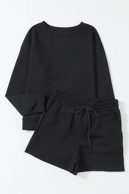 Textured Long Sleeve Top And Drawstring Shorts Set | Black