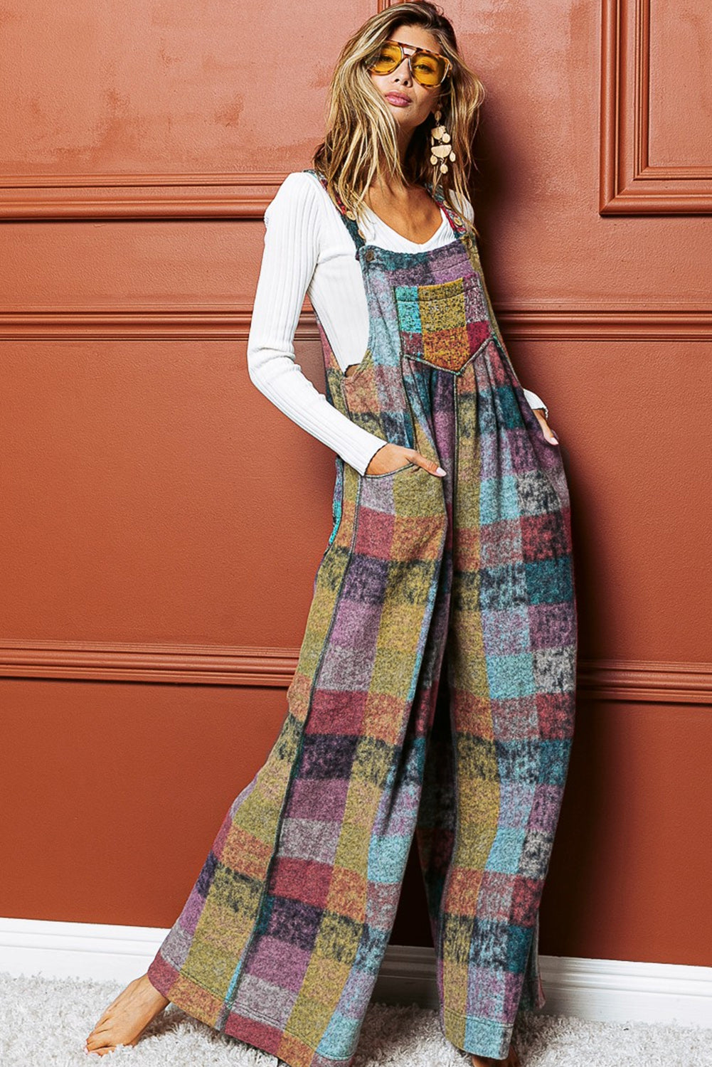 Brushed Checkered Wide Leg Overalls | Multicolour