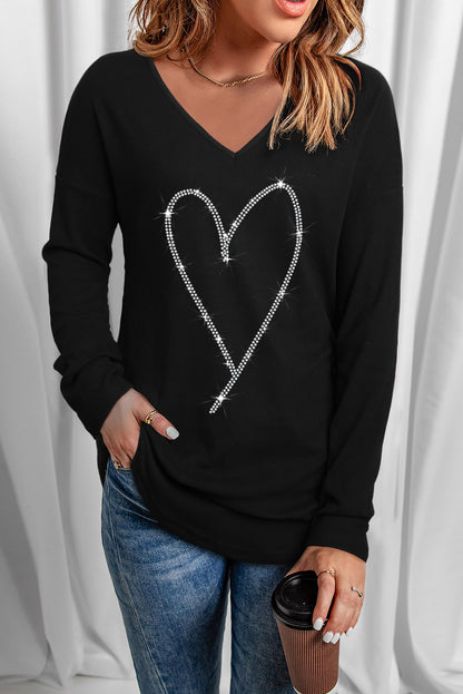 Rhinestone Heart Shaped V Neck Long Sleeve Top | Black