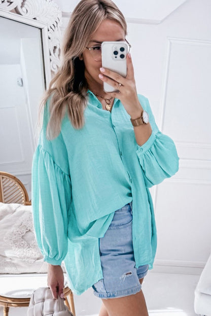 Solid Puff Sleeve Loose Fit Buttoned Shirt | Iceland Blue