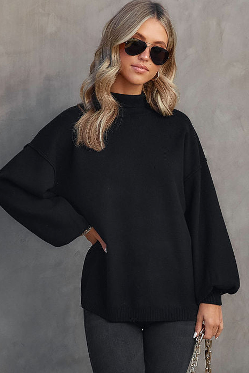 Turtleneck Drop Shoulder Bubble Sleeve Knit Sweater | Black