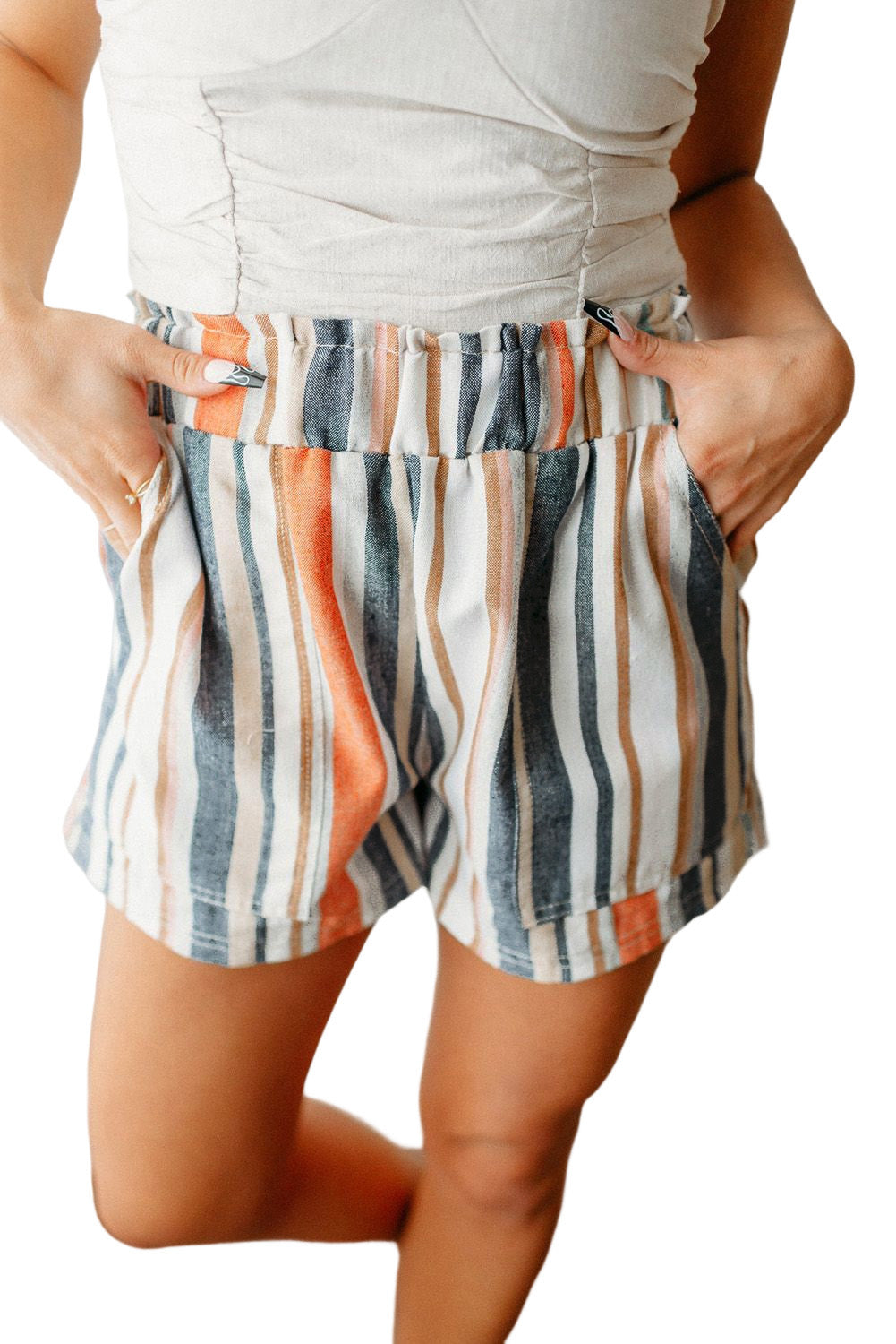 Vintage Washed Elastic Frill Waist Casual Shorts | Stripe