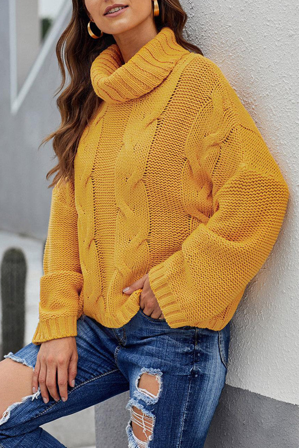 Cuddle Weather Cable Knit Handmade Turtleneck Sweater | Yellow