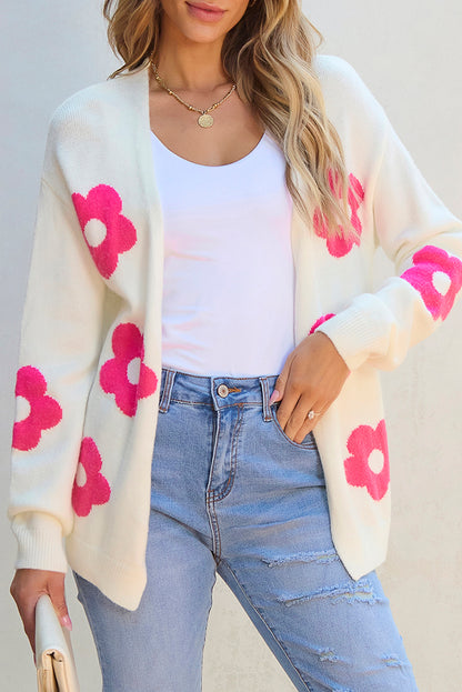 Flower Pattern Open Front Cardigan | Rose Red