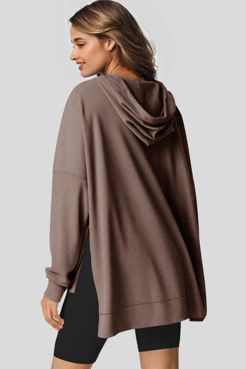 Waffle Knit Fleece Lined High Low Oversized Hoodie | Coffee