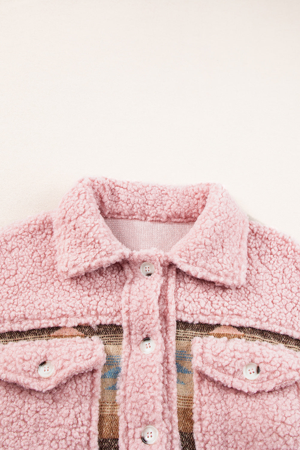 Western Aztec Print Sherpa Splicing Buttoned Flap Pocket Coat | Pink