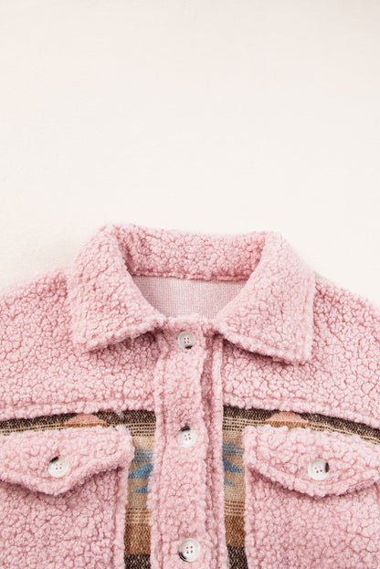 Western Aztec Print Sherpa Splicing Buttoned Flap Pocket Coat | Pink