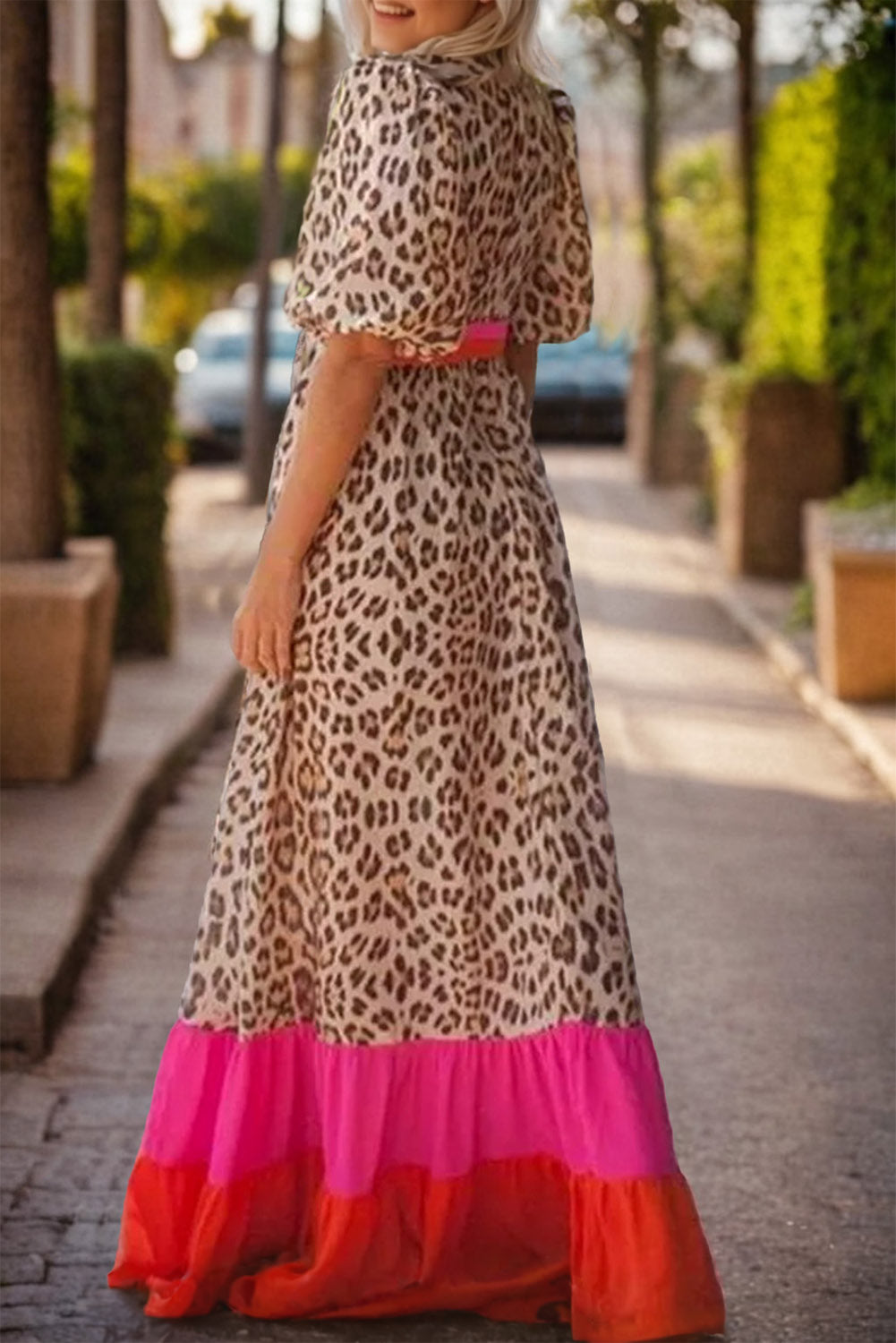 Leopard Colourblock Patchwork Bubble Sleeve Maxi Dress | Bright Pink