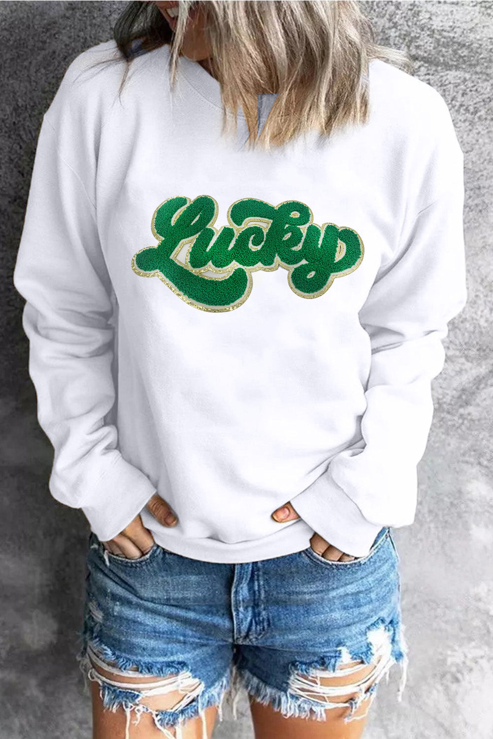 Shiny Trim Chenille Lucky Pattern Sweatshirt | White