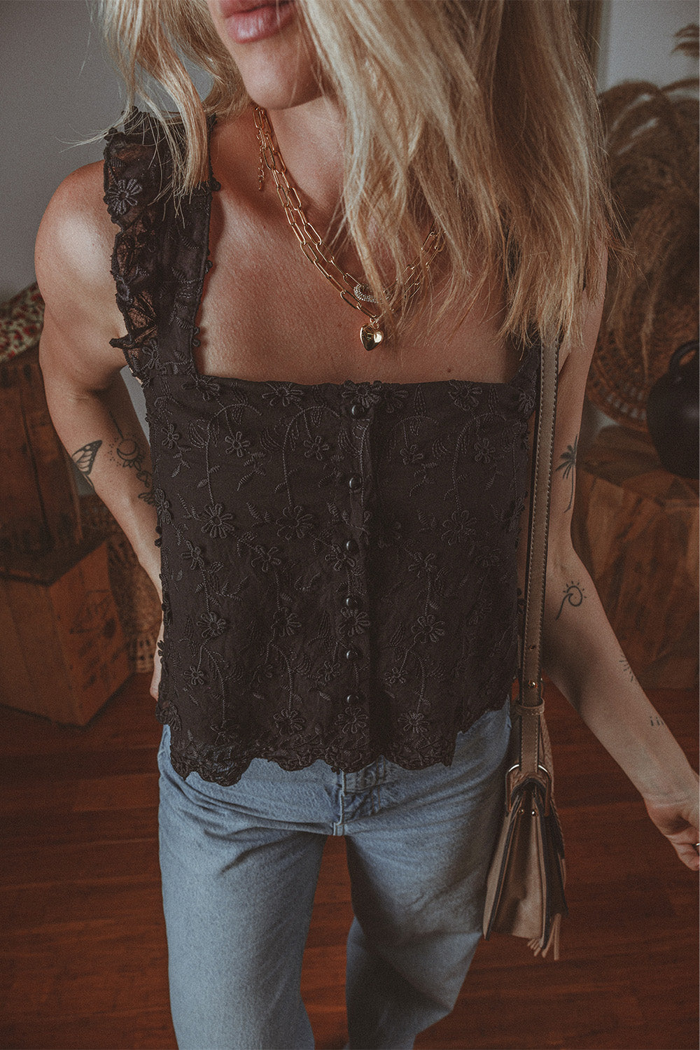 Floral Embroidered Buttoned Square Neck Tank Top | Black