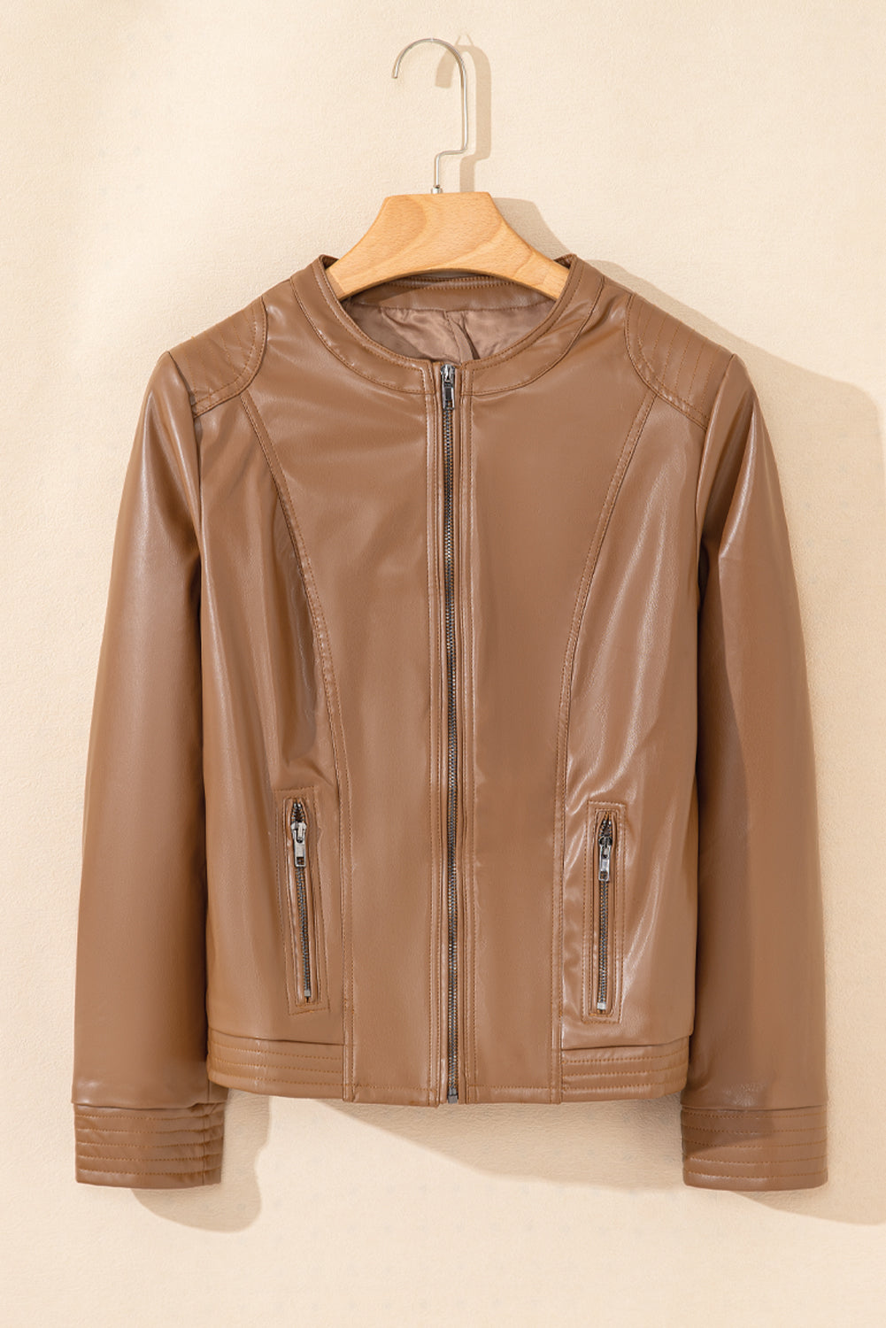 Solid Faux Leather Zipper Slim Fit Bomber Jacket | Chestnut